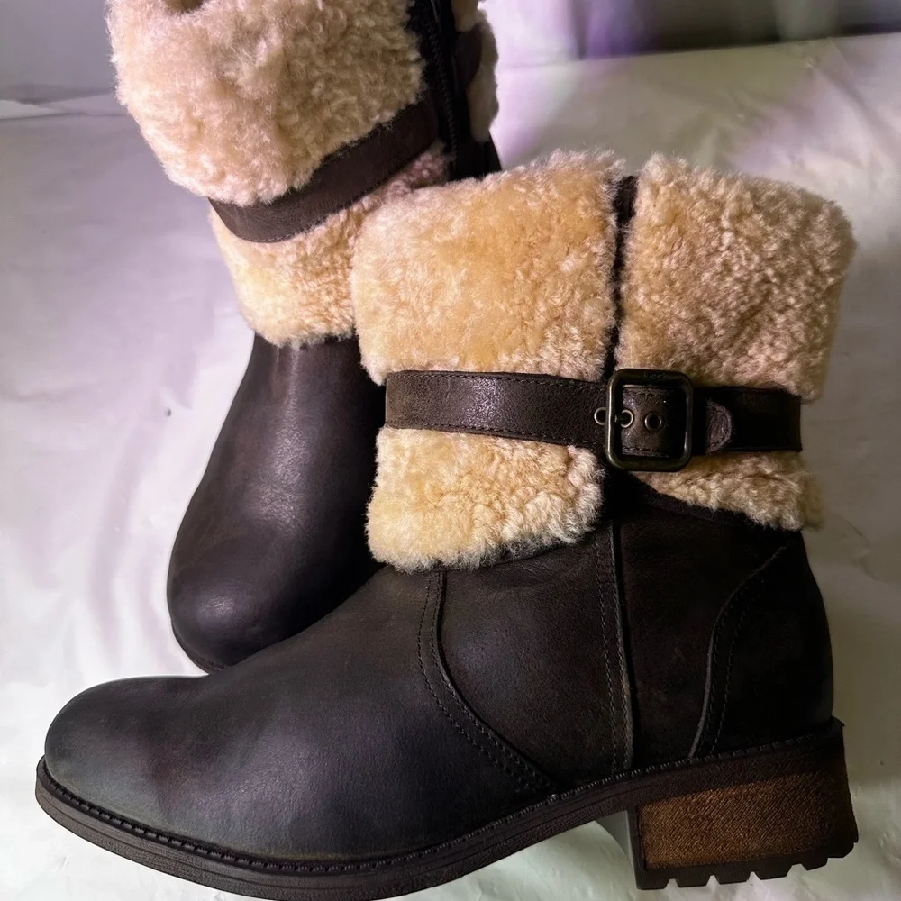UGG Tan Shearling Buckle Boots
